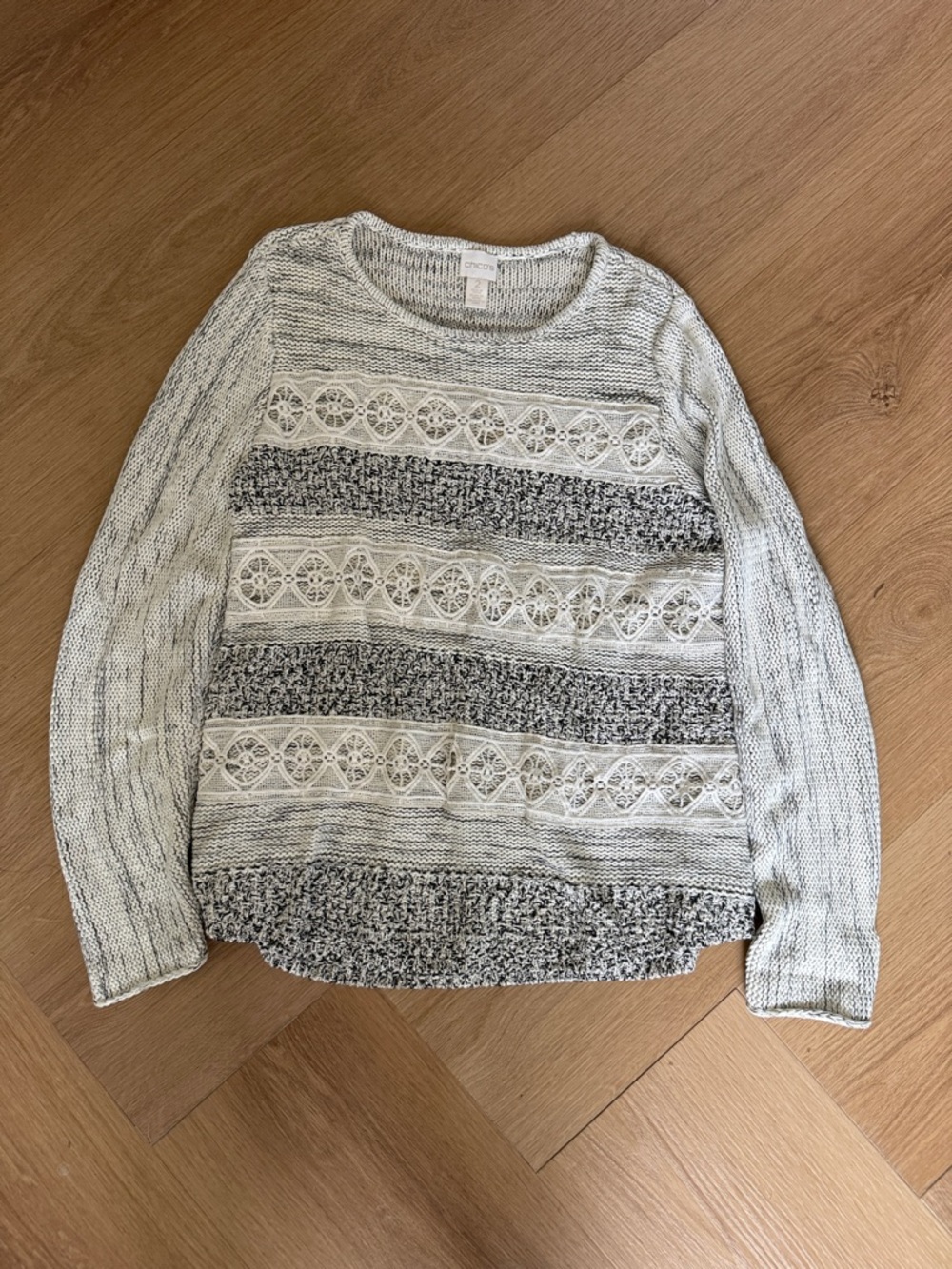 Chico's Black & Ivory Lace-Stripe Crewneck Sweater